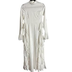 Medium White Satin Stretch Long Sleeve Maxi Dress